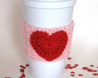 Crocheted Valentine's Heart Coffee Cup Cozy Pink and Red