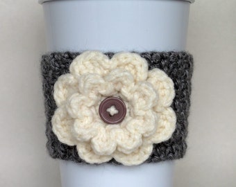 Crocheté Flower Coffee Cup Cozy Heather Gray et Crème