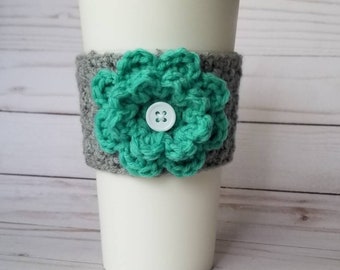 Crochet Flower Coffee Cup Cozy Gray and Sea Green
