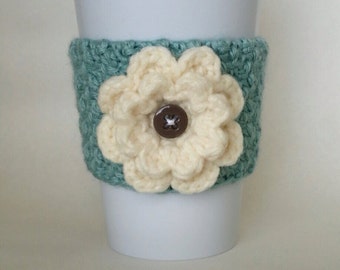 Crochet Flower Coffee Cup Cozy Sea Foam and Cream