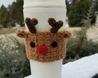 Crochet Rudolph Reindeer Coffee Cup Cozy, Christmas Cup Sleeve, Handmade Coffee Cup Cozy, Stocking Stuffer, Gift, Party Favor