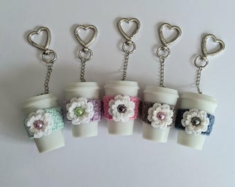 Coffee Cup Keychain Bag Charm with Crocheted Flower Cozy, Handmade Coffee Lover Gift