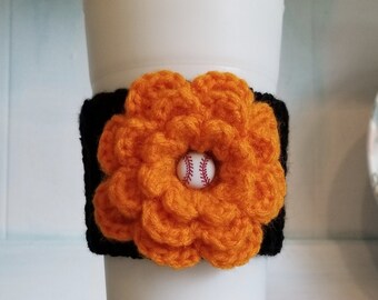 Crocheted Baseball Team Colors Orange and Black Flower Coffee Cup Cozy, handmade, coffee cup sleeve