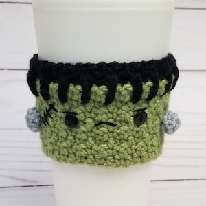 Crocheted Frankenstein Coffee Cup Cozy, Halloween cozy, Monster cozy, Spooky cozy