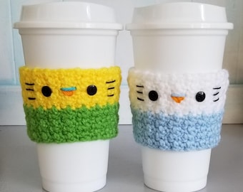 Tasse à café perruche perruche au crochet confortable | Etuis réutilisables pour tasse à café, coupe oiseau confortable, cadeau pour enseignant, cadeau pour amoureux des oiseaux
