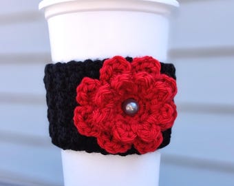 Crocheted Black Coffee Cup Cozy with Red Flower