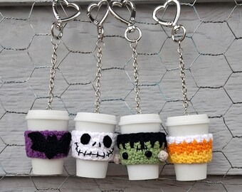 Halloween Coffee Cup Keychain Bag Charms with Crocheted Cozy, Handmade Coffee Lover Gift