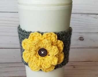 Crochet Flower Coffee Cup Cozy Gray and Yellow