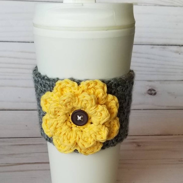 Crochet Flower Coffee Cup Cozy Gray and Yellow