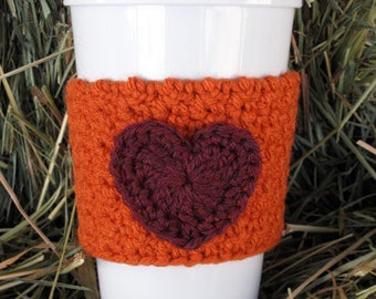 Crochet Heart Coffee Cozy Pumpkin Orange and Plum