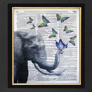 Elephant" Purple Butterfly Dreams" Elephant Art Print, Mixed Media print on 8x10 Vintage Dictionary page, Dictionary art, Dictionary print