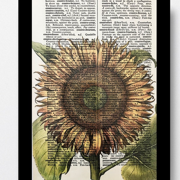 Sunflower Art Printed on French Dictionary Page,Mixed Media on 5.5" x 8"  French Dictionary page, French Dictionary, Dictionary print