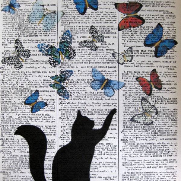 Cat Art, Cat Lovers, Chasing Butterflies, Cat Art Print, Pictures Of Cats, Cat Artwork, Cat Wall Print, Dictionary Page 8x10, Dictionary art