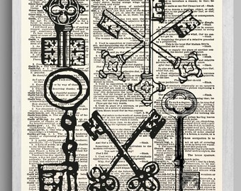 Keeper of the Keys, Keys, Print of Keys, 8x10 Size, Dictionary Print, Book Prints, Dictionary Art Print, Vintage Keys, B&W Art