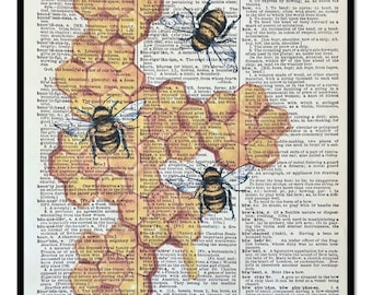 Bee Honeycomb, Queen Bee, Honey Bee Wall Prints, Honey Bee, Bees, Bee Decor, Size 8x10 Vintage Dictionary Page Print, Honey Bee Picture,Bees