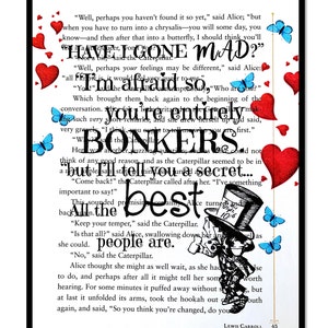 Alice in Wonderland,  Mad Hatter Gone Mad &quot;Bonkers&quot; Quote, Printed on book page from Alice in Wonderland, Gift for Lewis Carroll Book Fan