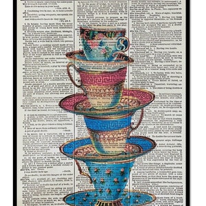 Stacked Teacups "Cup of Tea" Vintage Teacups, Teacups Art Prints, Vintage Teacups, Prints of Teacups, Dictionary Page, Dictionary Page Art