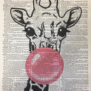 Giraffe Prints, Giraffe Humor, Giraffe Bubblegum, Pink Bubblegum Art, Giraffe Wall Prints, Pink Black Decor, Dictionary Art, 8x10 Wall Print image 3