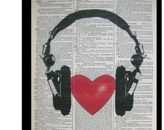 Music Lover Art Print, Headphones with a Heart, 8x10 Printed on Dictionary Book Page, Book Prints, Music Fan Gift, Gift for Music Lover