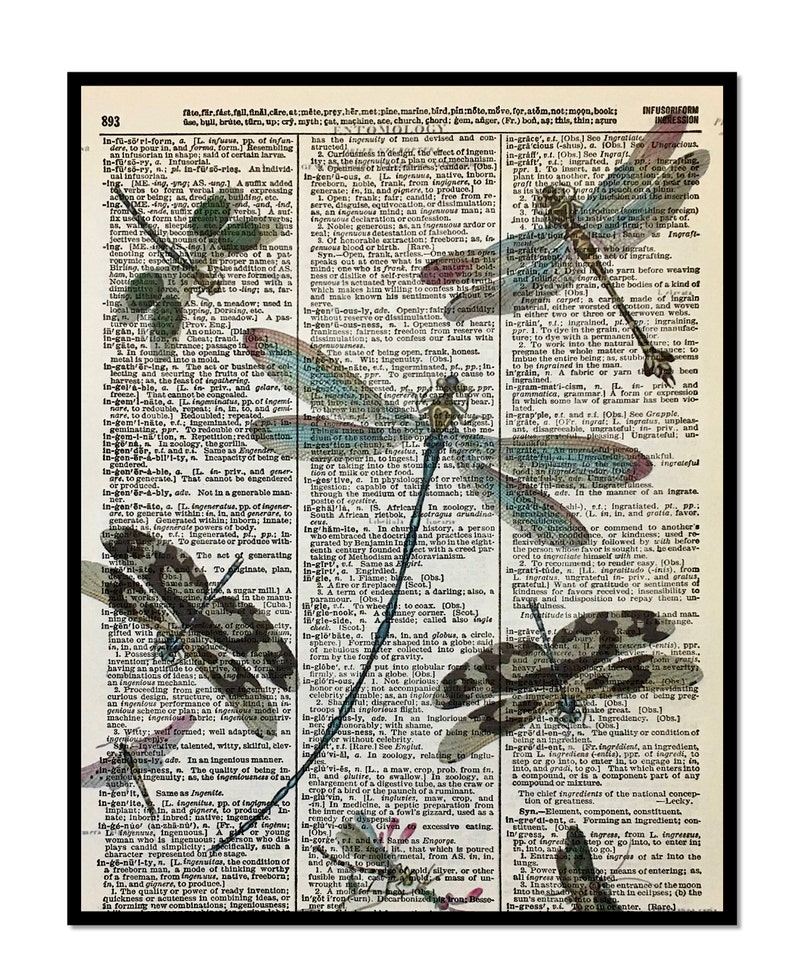 Dragonfly Art, Dragonfly Print, Dragonfly Artwork, Dragonfly Pictures, Teal Dragonfly, Dictionary Dragonfly Art, Dictionary Print, 8x10 Size image 2