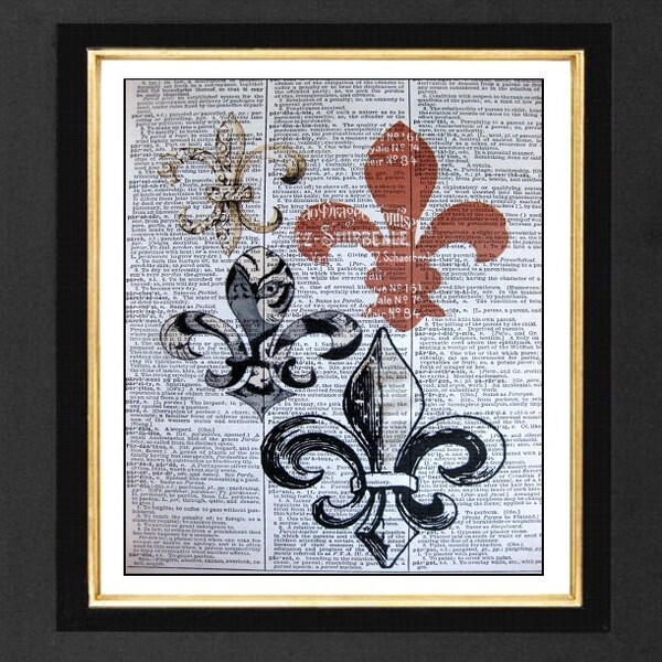 Fleur De Lis, LSU Tiger, Mixed Media, Art Print, Vintage Dictionary, Dictionary Art,Louisiana Fleur De Li, Home Decor, 8x10, A4, Fleur De Li