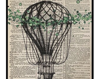 Vintage Hot Air Balloon Choose Green or Rainbow Watercolor Splatter, 8x10 Vintage Dictionary Page Print, Hot Air Balloon Print Vintage