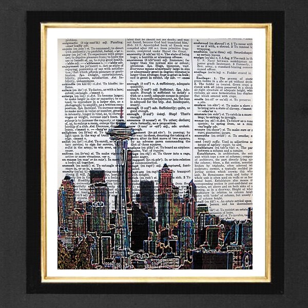 Seattle Skyline Neon -Seattle Skyline Prints - Mixed Media print on 8x10 Dictionary page, Dictionary art, Dictionary print- Seattle Prints