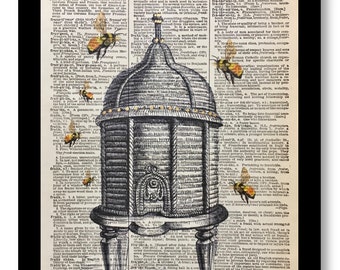 May include: A detailed black and white illustration of a beehive, set against a backdrop of aged dictionary pages. Several bees are depicted flying around the hive. The image is framed in a black border.
