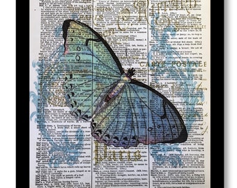 Butterfly Print, Paris Blue  Butterfly Victorian Art, Butterfly Decor, Butterfly Art Paintings, Vintage Dictionary page Art Prints, 8x10 ,A4
