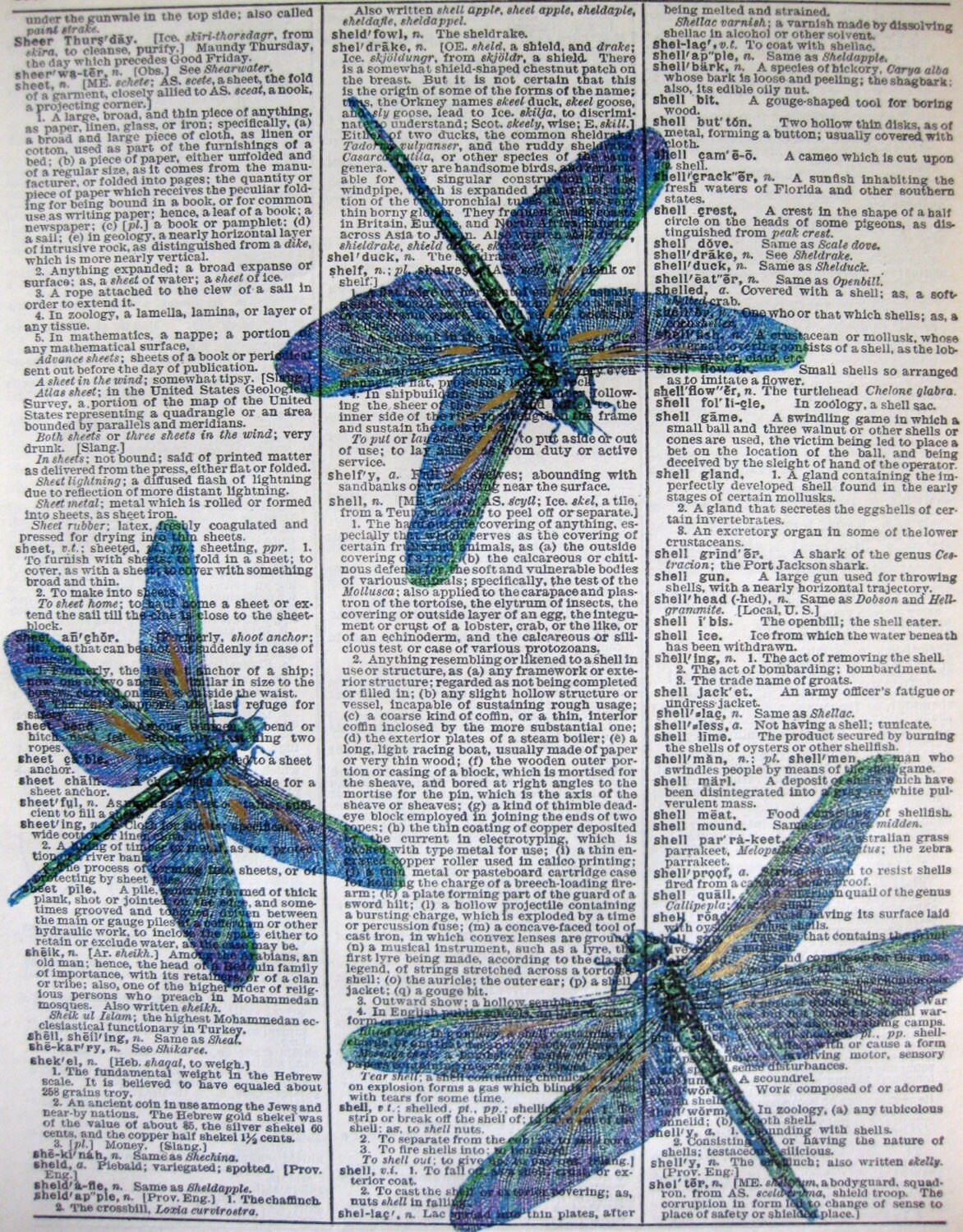 Dragonfly Art Print: Rainbow Mixed Media on Vintage Dictionary Page - Etsy