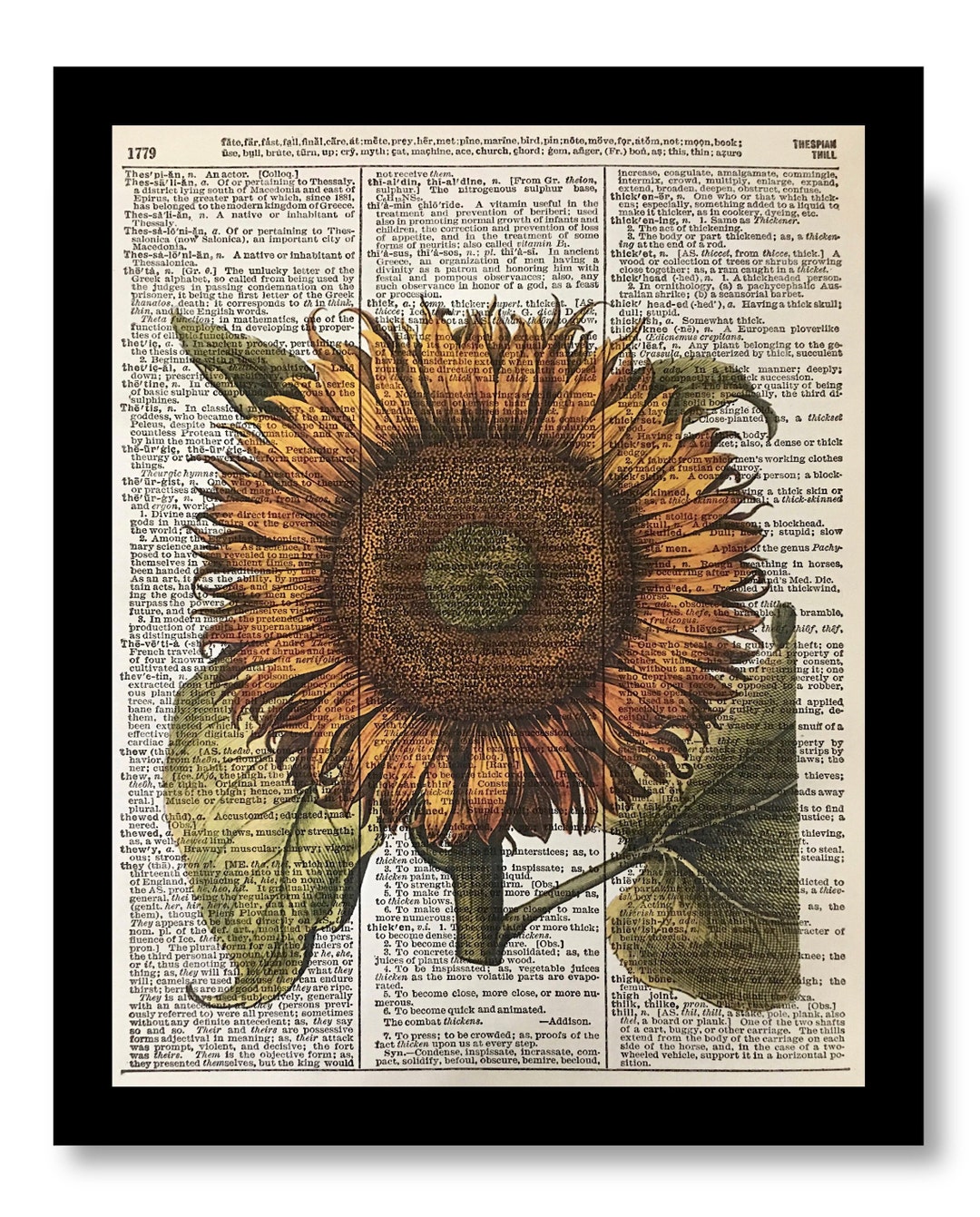 Sunflower Print 8x10 Size, Dictioanry Art Print Sunflower, Golden Sunflower Vintage Print ...