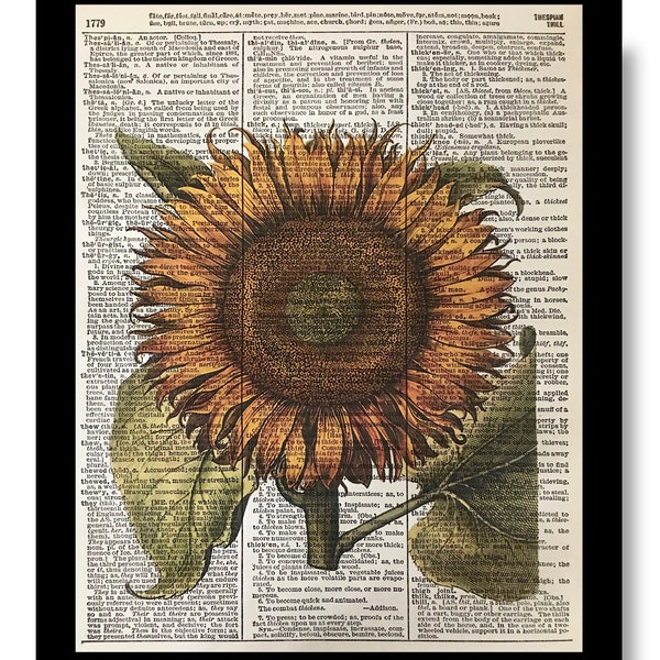 Sunflower Print 8x10 Size, Dictioanry Art Print Sunflower, Golden Sunflower Vintage Print, Vintage Dictionary Art, Spring Art, Floral Art