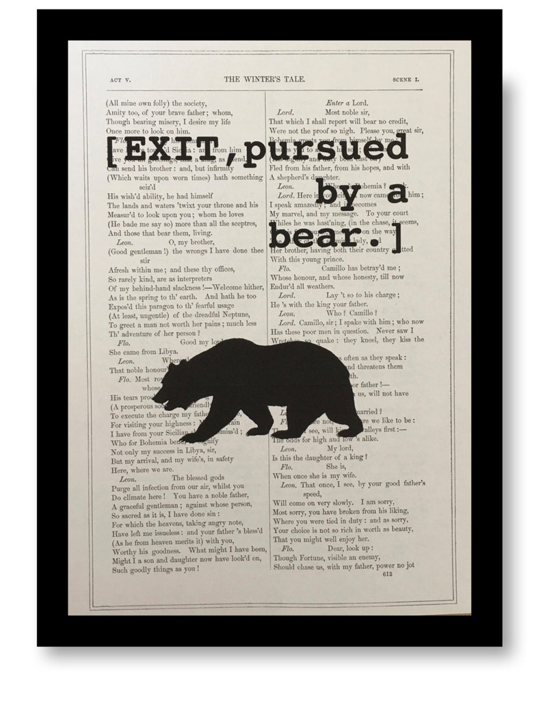 William Shakespeare Winter's Tale Quote, EXIT Pursued by a Bear Shakespeare,Shakespeare Play Quote Print, Shakespeare Book Print EXIT, 7x10 image 1