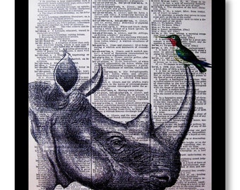 Rhino and Hummingbird " Believe in Kindness" Hummingbirds, Hummingbird Prints, Prints of Hummingbird, Dictionary Art Prints, Dictionary Art