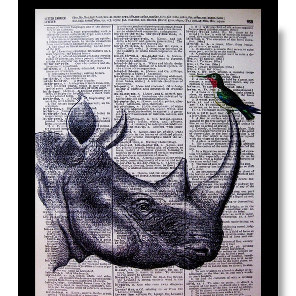 Rhino and Hummingbird " Believe in Kindness" Hummingbirds, Hummingbird Prints, Prints of Hummingbird, Dictionary Art Prints, Dictionary Art