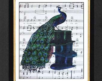 Peacock Print Teal Blue Peacock, Music Sheets Prints, Lovely Peacock Printed on Vintage Sheet Music, Peacock Prints 8x10 size