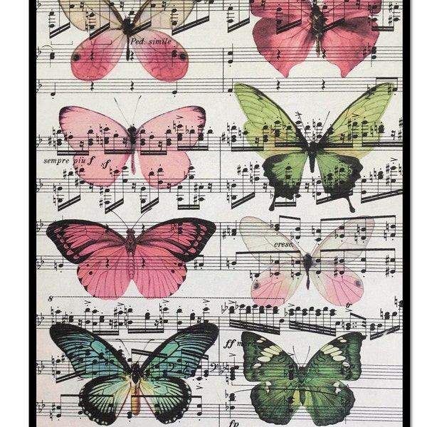 Collage de mariposas, mariposas rosas y verdes impresas en partituras de Chopin ro Mozart, Pantone Green Butterfly Print, Butterfly Print Art