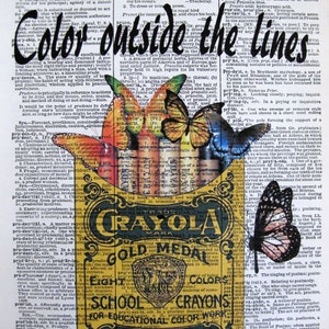 Crayola Crayon & Butterflies, Color Outside The Lines Quotes, 8x10 Dictionary Art, Butterfly Art, Butterflies Wall Art, Dictionary Page image 1
