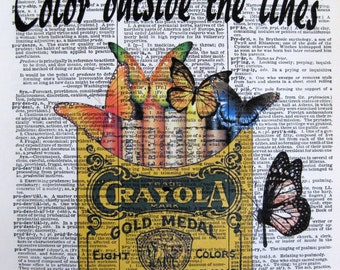Crayola Crayon & Butterflies, "Color Outside The Lines" Quotes, 8x10 Dictionary Art, Butterfly Art, Butterflies Wall Art, Dictionary Page
