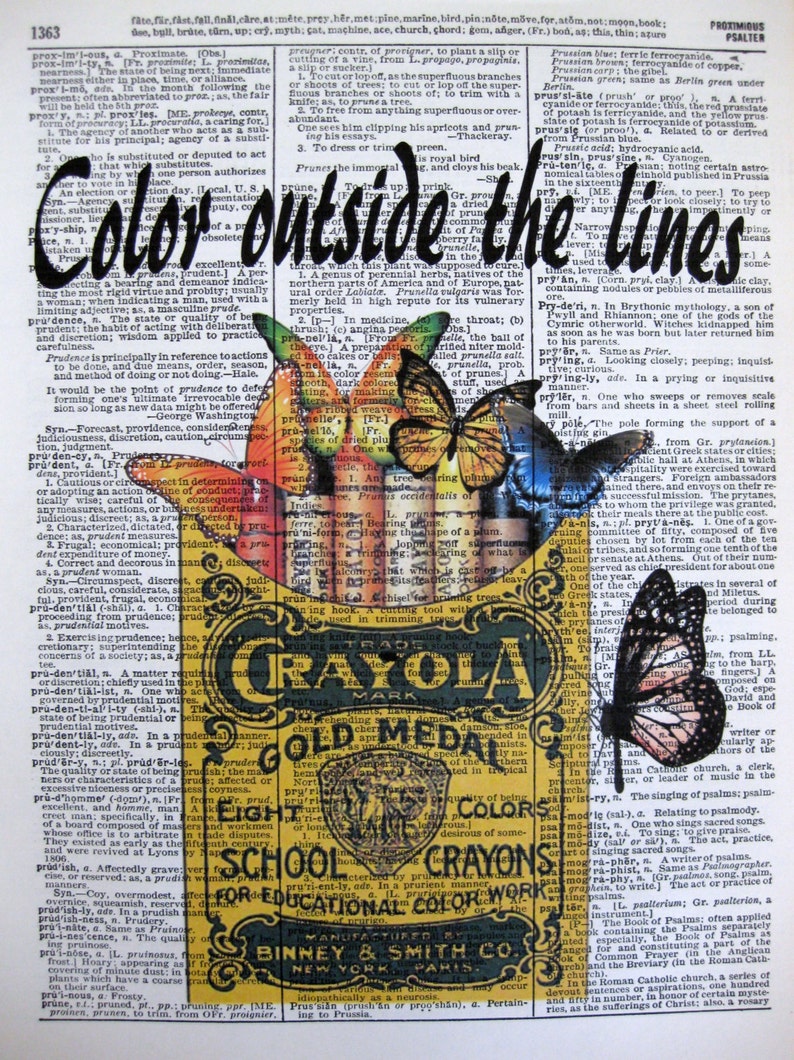 Crayola Crayon & Butterflies, Color Outside The Lines Quotes, 8x10 Dictionary Art, Butterfly Art, Butterflies Wall Art, Dictionary Page image 1