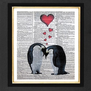 Penguin Art Print "For Life"  Penguin Life Mixed Media art print on 8x10 Vintage Dictionary page, Dictionary art, Dictionary print
