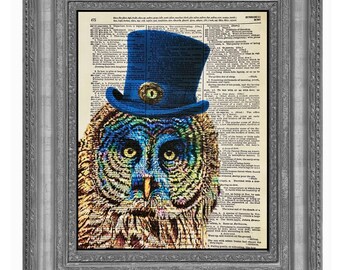 Steampunk Owl Art Print: Top Hat Owl on Dictionary Page (8x10)