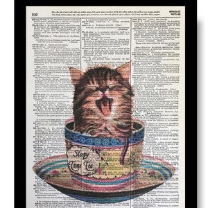 Cat Humor, Kitten Prints, Sleepy Time Tea, Kitty Humor Prints, Vintage Kitty Prints, Dictionary Page Prints, Dictionary Art,Dictionary Page
