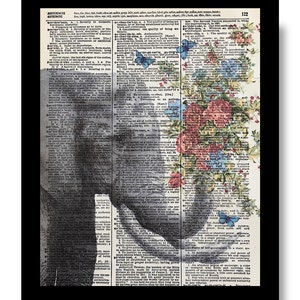 Elephant Floral Dictionary Art Print, Cornflower Roses, 8x10