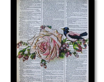 Bird with Pink Roses Art Print, Vintage Dictionary Page