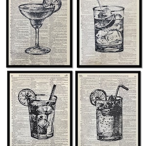 Bar Art, Set of 4 Different Drinks, Drink Prints, Print of Drink Glasses, 8x10 Size Set of 4, Bar Decor, Bar Wall Art, Bar Room Artwork,