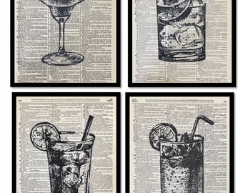 Bar Art, Set of 4 Different Drinks, Drink Prints, Print of Drink Glasses, 8x10 Size Set of 4, Bar Decor, Bar Wall Art, Bar Room Artwork,