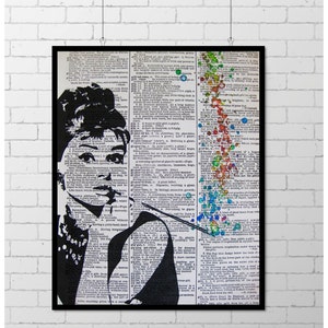 Audrey Hepburn Wall Art, Holly Golightly Humor,Breakfast at Tiffany,size 8x10, Vintage Dictionary Page Art Watercolor Spatter Art