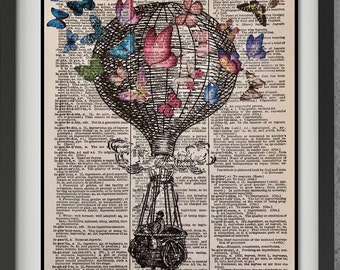 Vintage Hot Air Balloon Butterfly, Butterfly Flying, 8x10 Vintage Dictionary Page Print, Hot Air Balloon Print, Butterfly Lovers, Butterfly