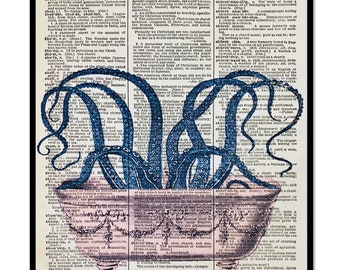 Pink Octopus Art Print: Whimsical Nautical Dictionary Page Decor (8x10)